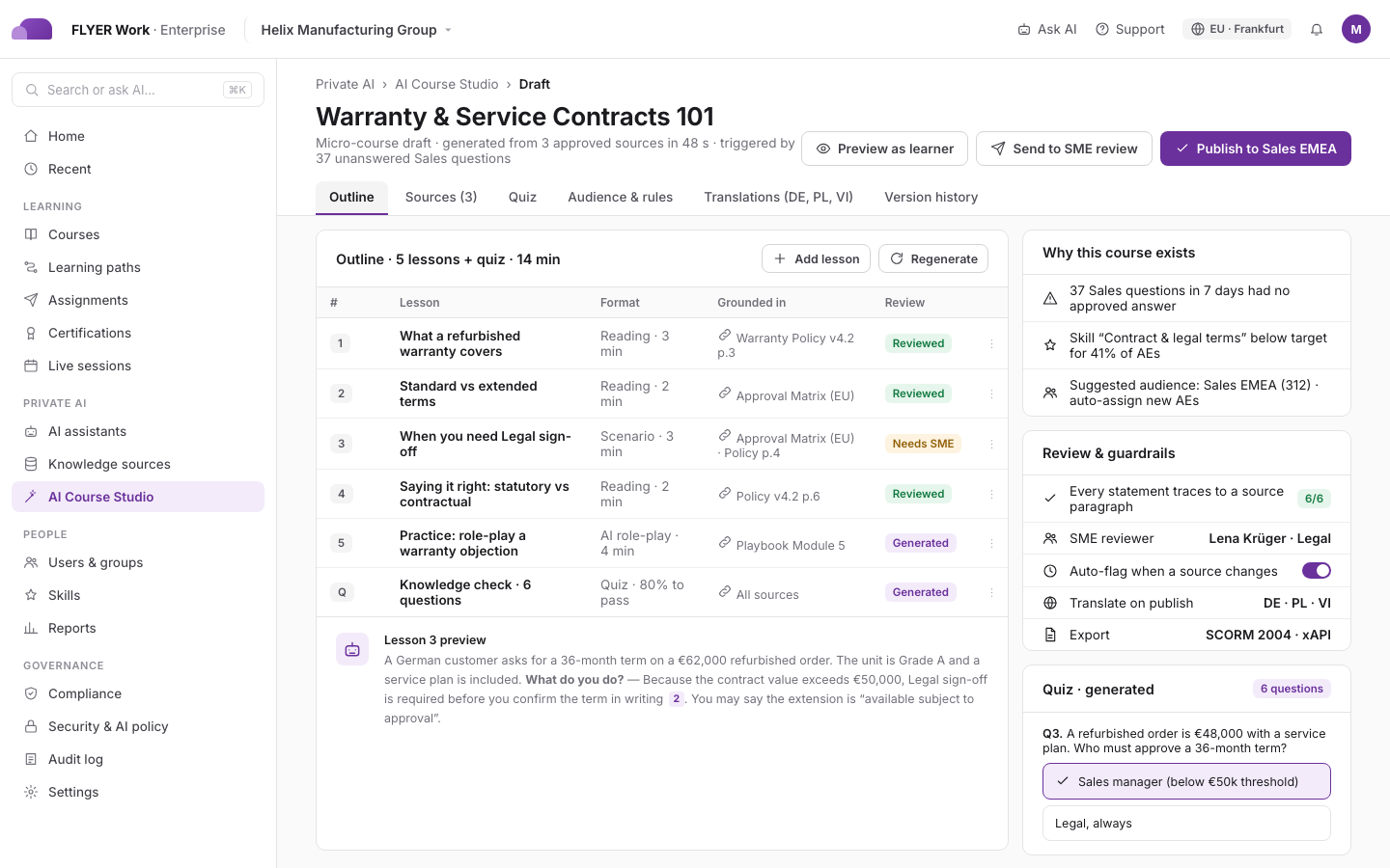 FLYER Enterprise AI Course Studio showing a micro-course draft with lessons grounded in named source documents, SME review status and a generated quiz